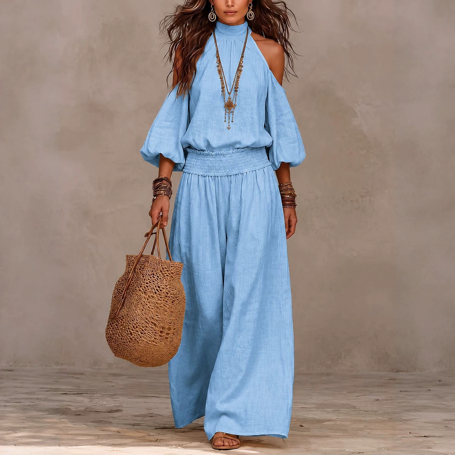 Women's Casual Loose Long Sleeve Cutout Top and Smocked Pants Two-Piece Set