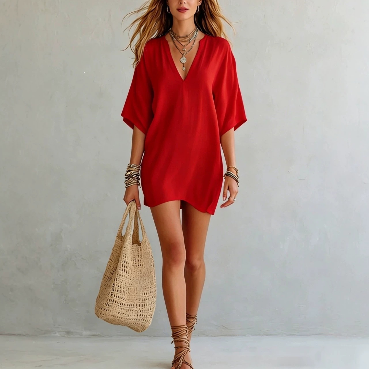 Lightweight Cotton-Linen V-Neck Short Sleeve Midi Dress with Slit
