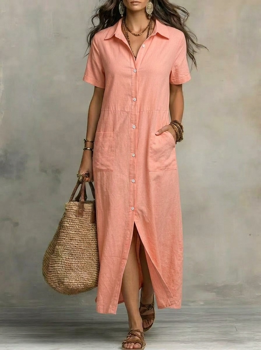Women's Button-Front Short-Sleeve Casual Dress with Pockets