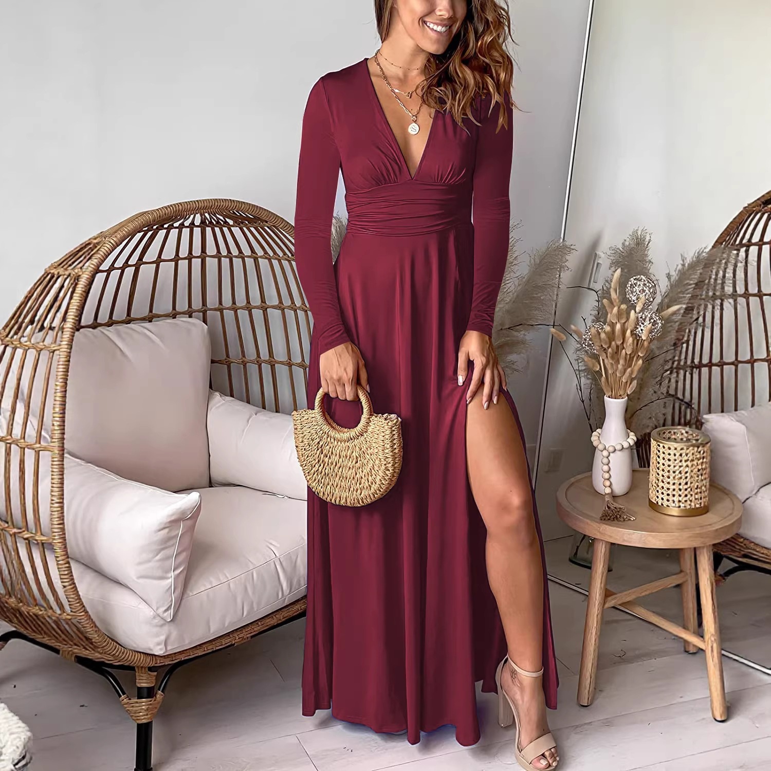 Deep V-Neck Long Sleeve Ruched High Waist Slit Club Party Dress Solid