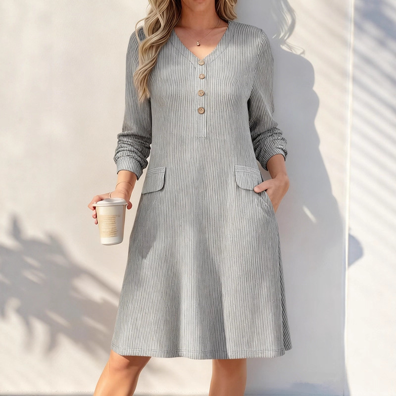 V-Neck Button-Front Ribbed Knit Midi Dress