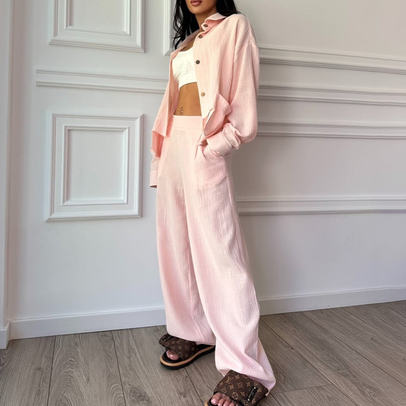 Women's Long Sleeve Ruched Top and High Waist Wide Leg Pants Two-Piece Set