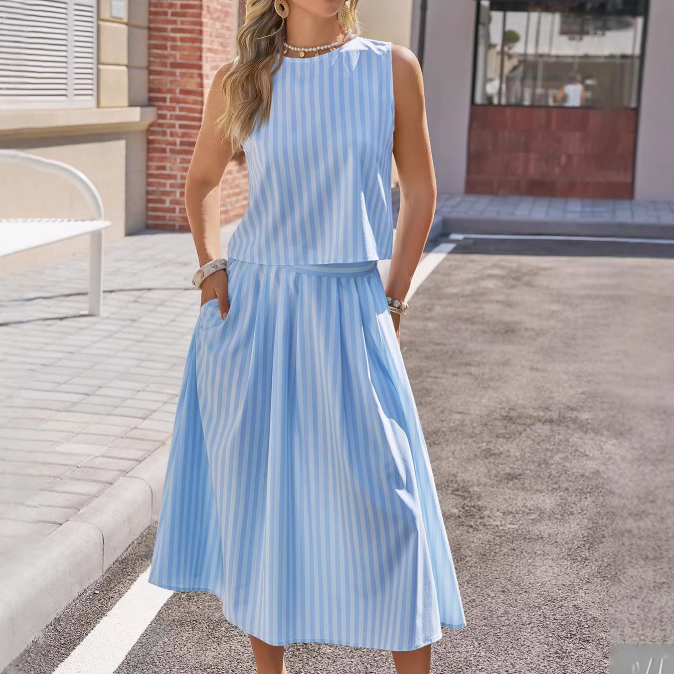 Striped Sleeveless Tank Top and A-Line Midi Skirt Two-Piece Set