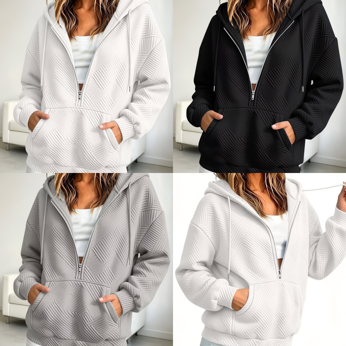 Women's Hooded Drawstring Zip Pocket Loose Sweatshirt