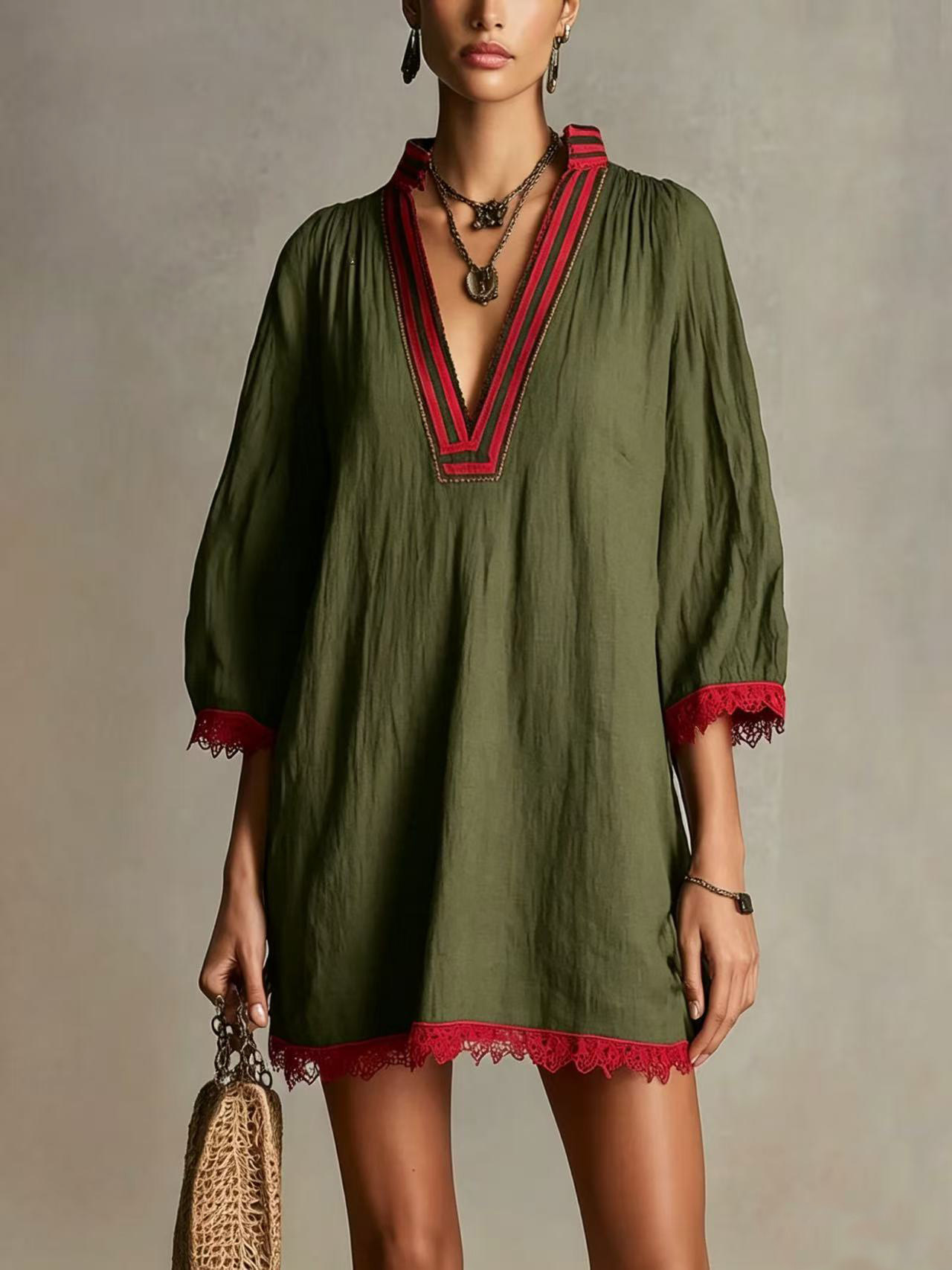 Striped V-Neck Lace Loose Straight Casual Dress