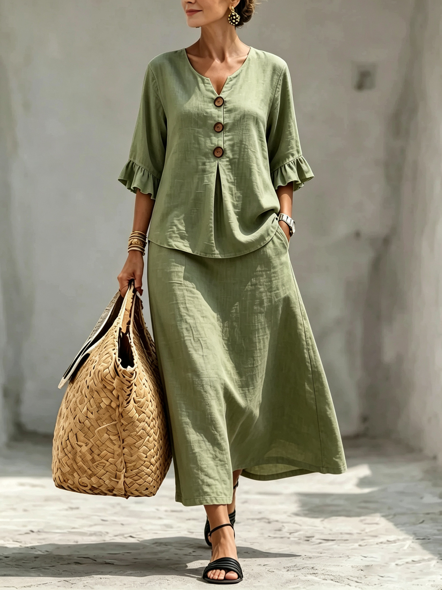Women's Solid Button V-Neck Ruffle Three-Quarter Sleeve Top and Skirt Set