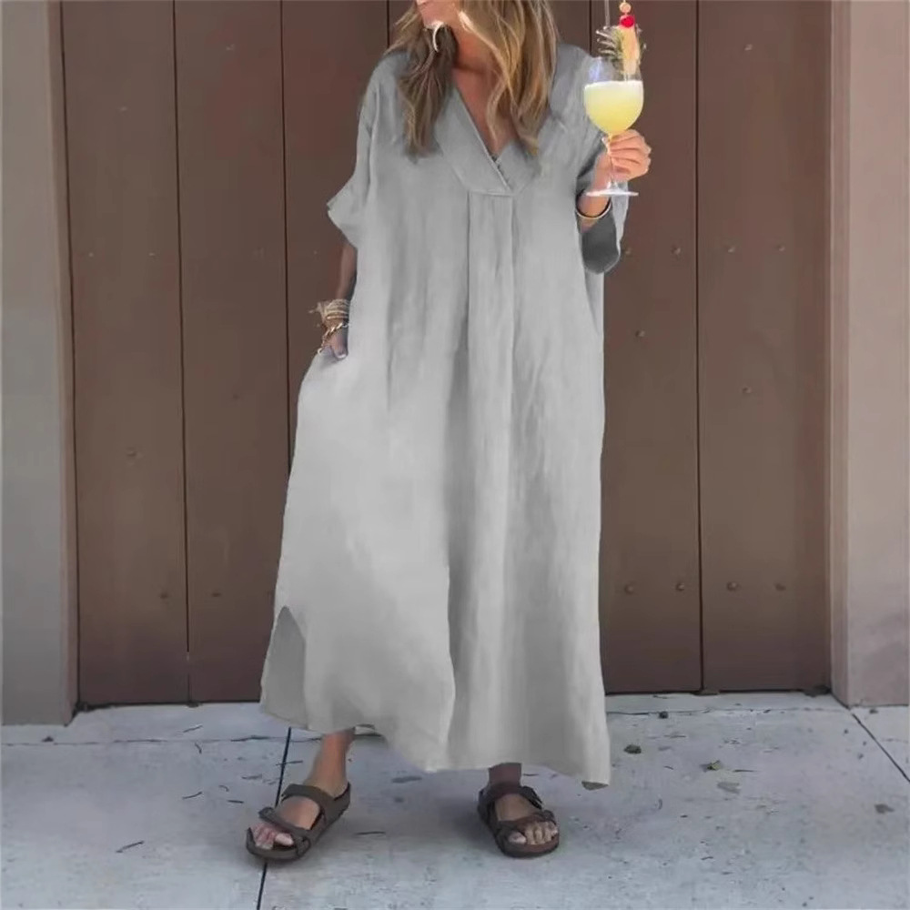 Women's Casual V-Neck Short Sleeve Solid Color Long Dress