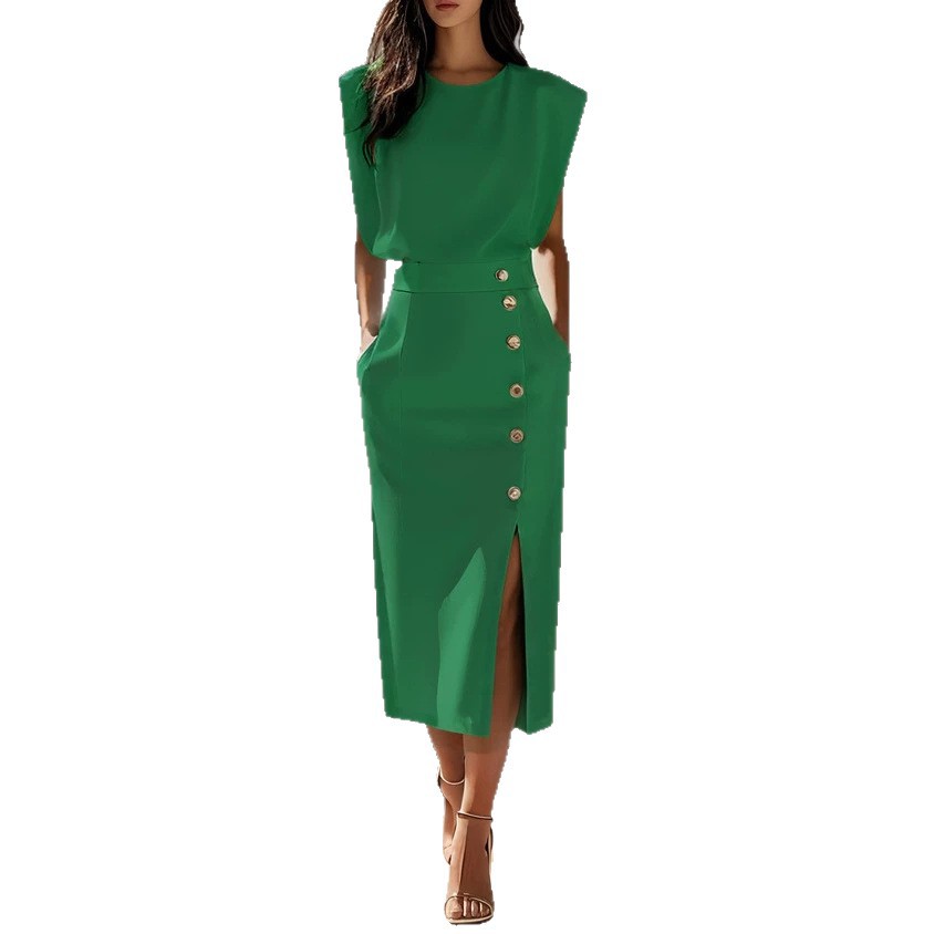Women's Round Neck Cinched Waist Slit Metal Button Midi Dress