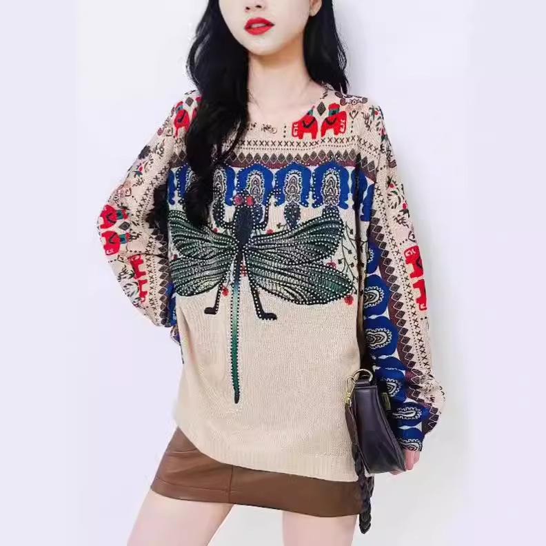 Women's Loose Knit Sweater with Rhinestone Sequin Dragonfly Print