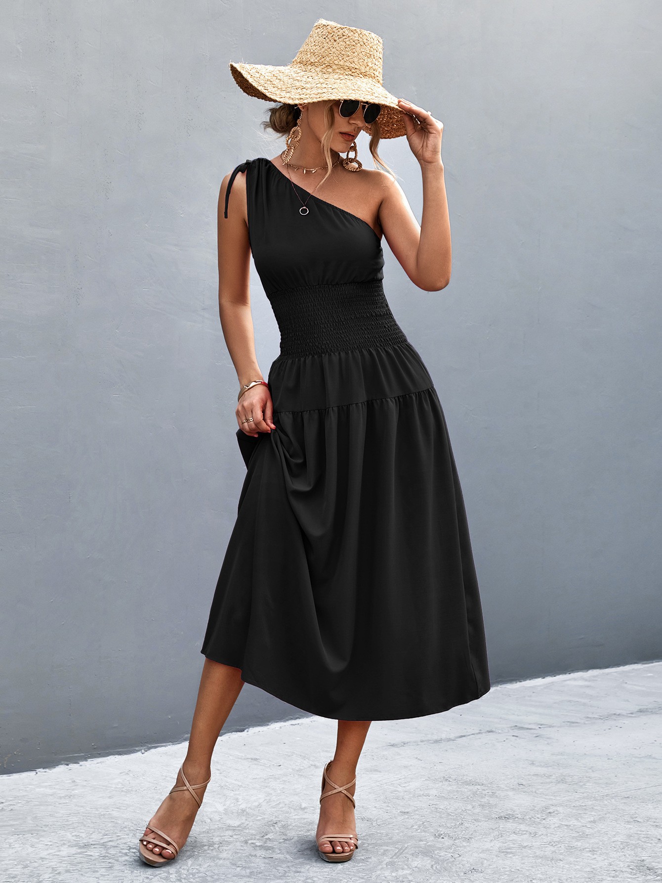 Summer Sleeveless One-Shoulder Tie-Waist Flowy Dress