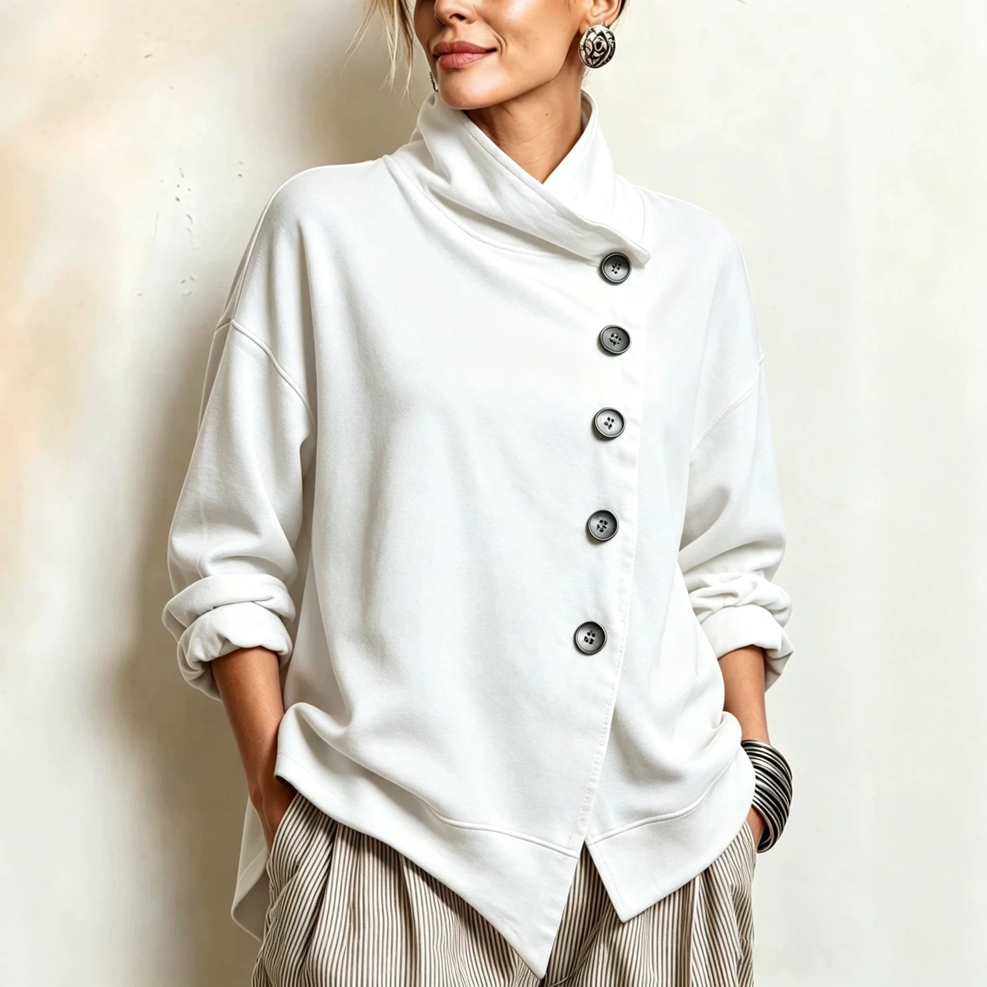 Stand Collar Asymmetric Hem Button-Front Loose Fit Long Sleeve Solid Color Sweatshirt for Women