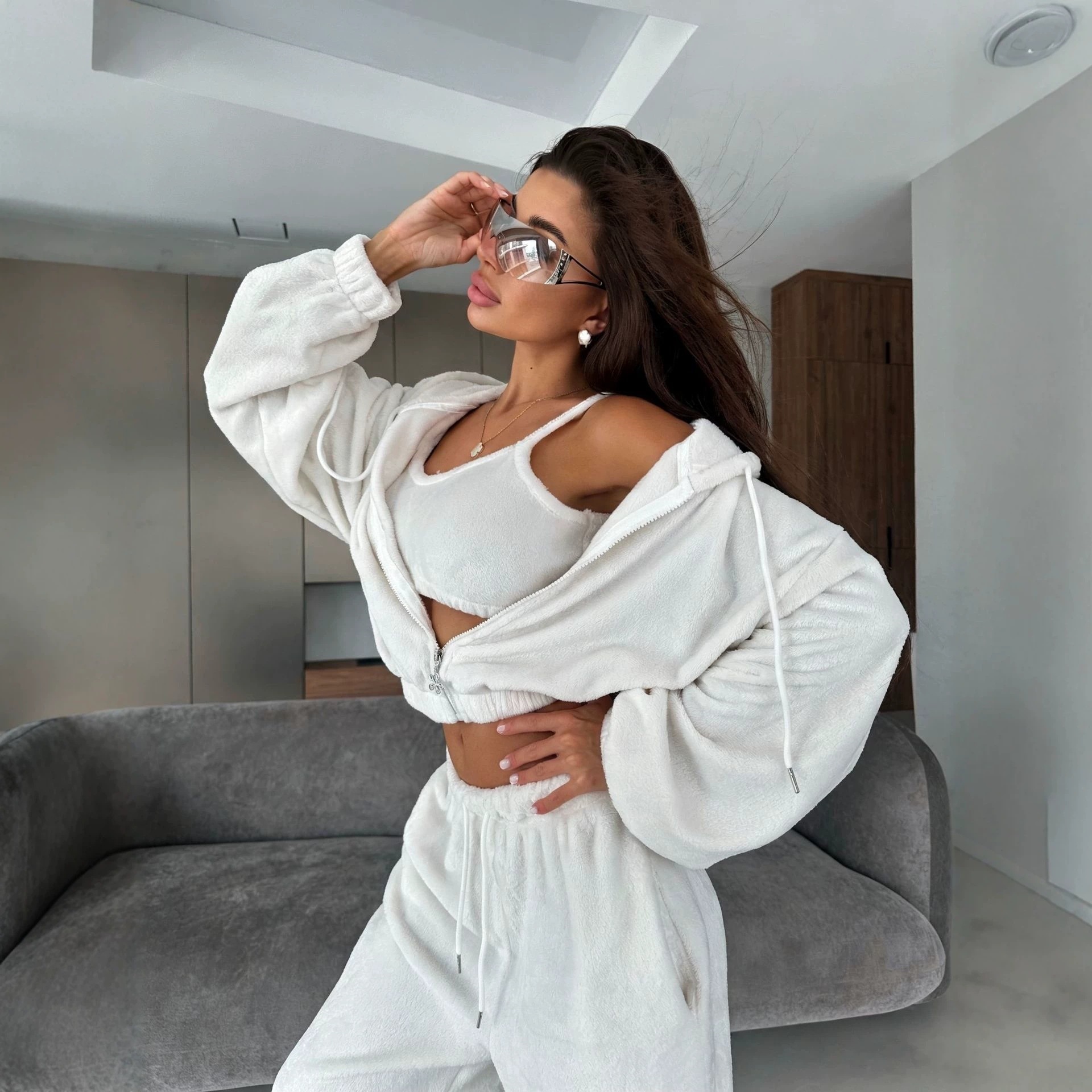 Soft Fleece Hooded Jacket & Drawstring High-Waist Wide-Leg Pants Set