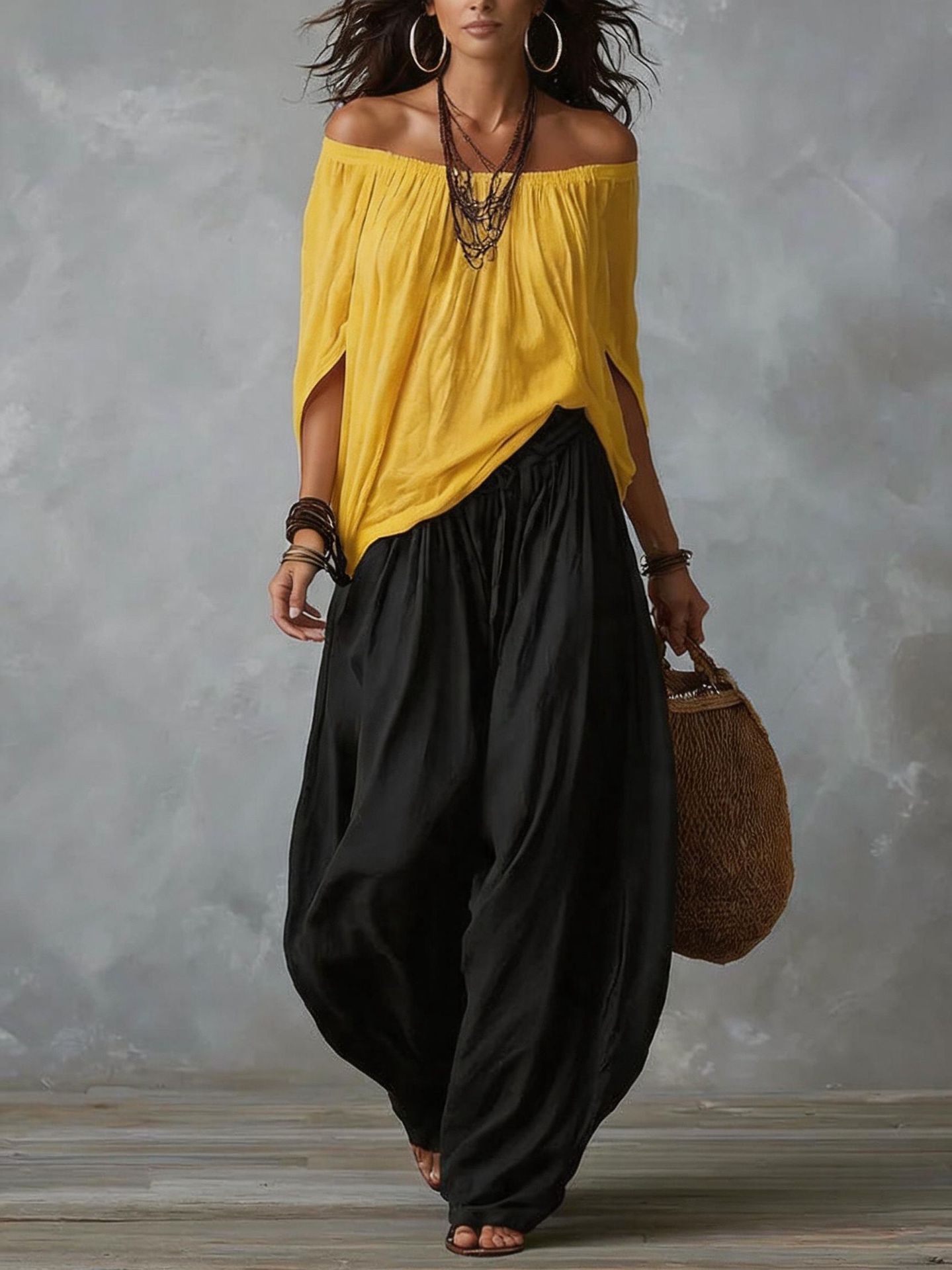 Women's Casual Solid Off-Shoulder Top and Lantern Pants Set