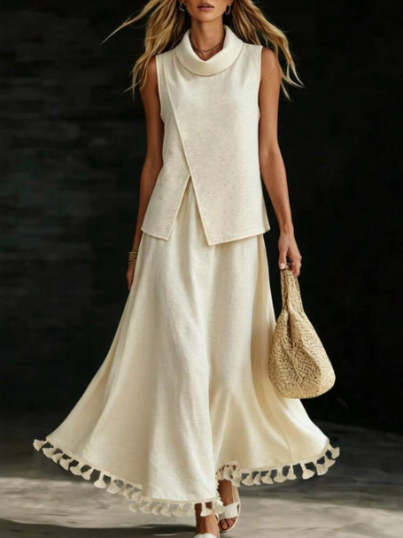 Minimalist Linen-Blend Vest and Skirt Set Women's Light Mature Two-Piece