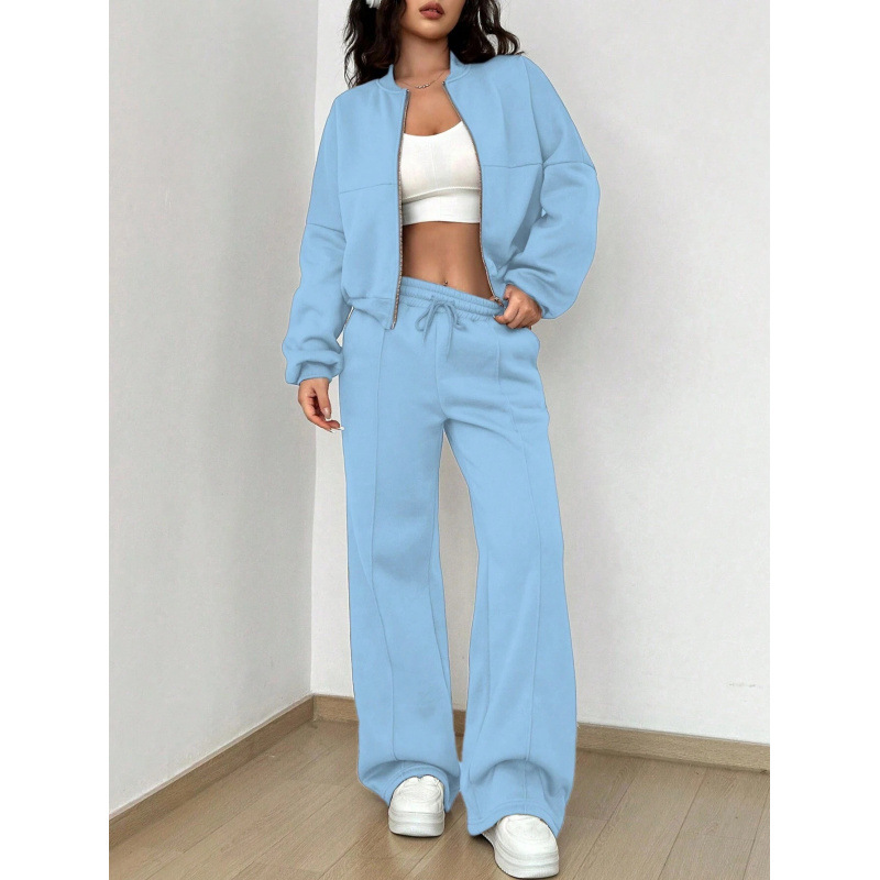 Women's Solid Color Zip-Up Long Sleeve Top and Drawstring Pants Set