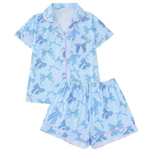 Women's Cuban Collar Short Sleeve Shirt Set with Ribbon Bow
