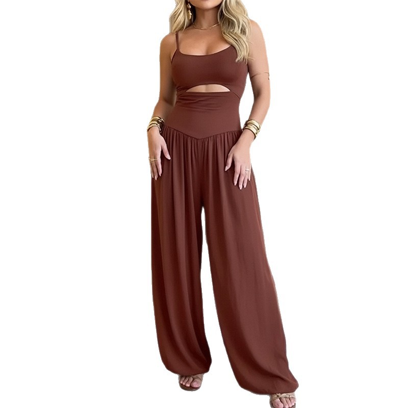Women's Summer Sleeveless Wide-Leg Jumpsuit Solid Color Casual Vacation
