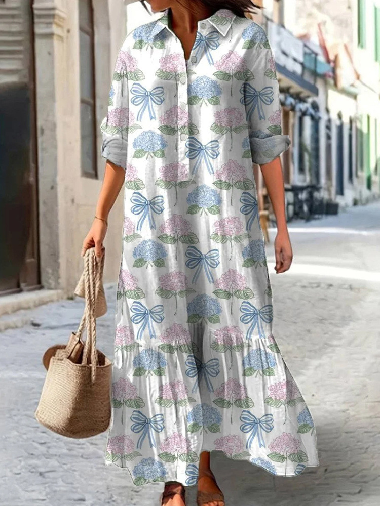 Women's Casual Long Sleeve Collared Digital Print Shirt Dress