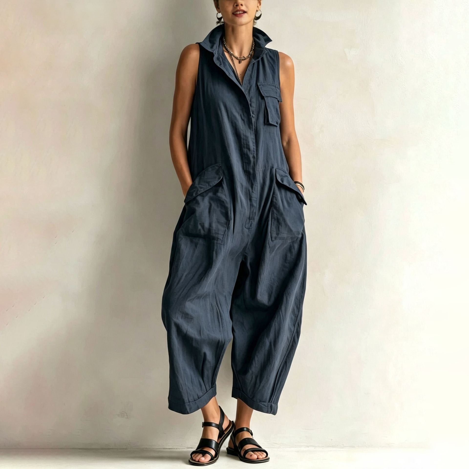 Women's Casual V-Neck Jumpsuit Solid Color Minimalist