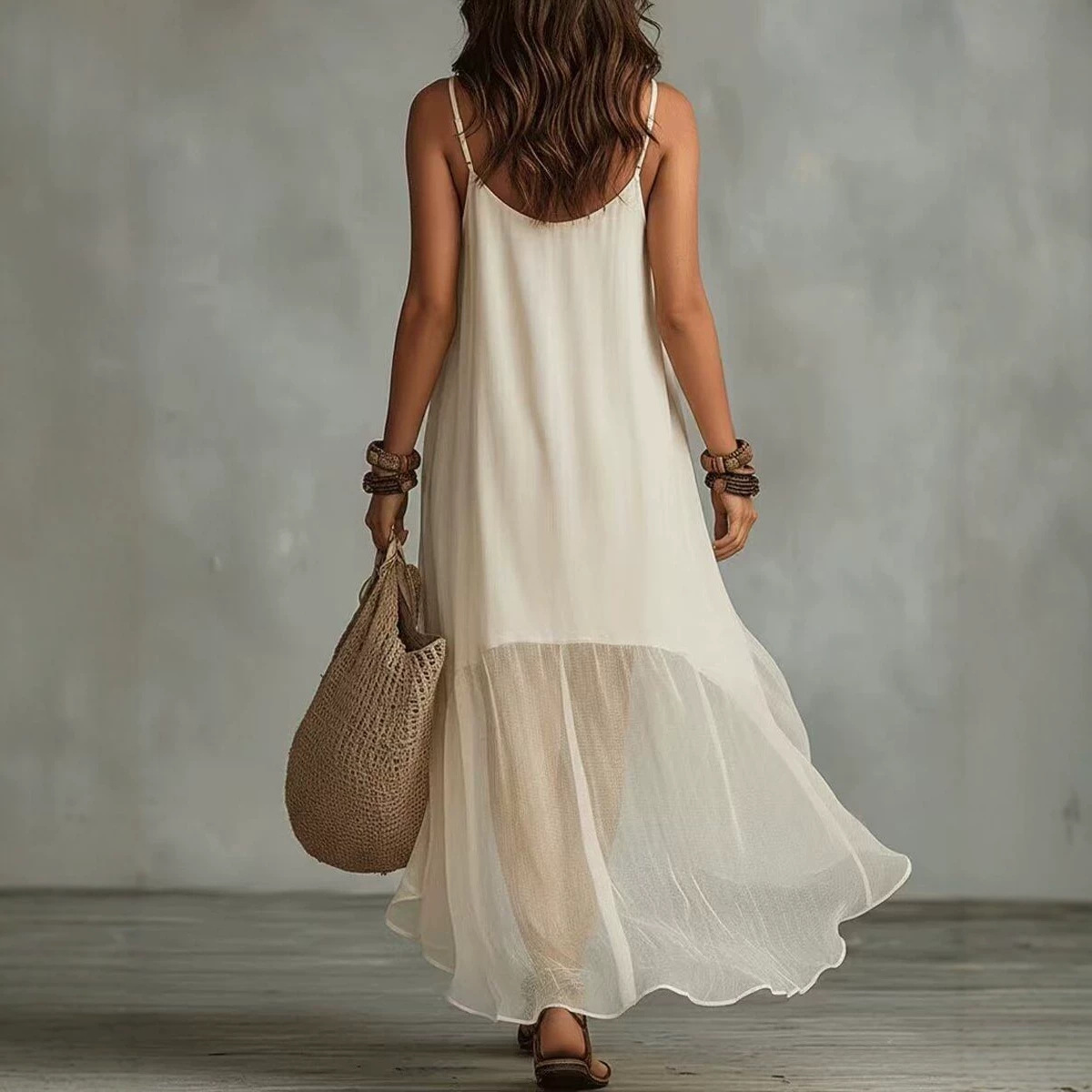 Boho Sleeveless U-Neck Midi Dress Solid Color Relaxed Fit