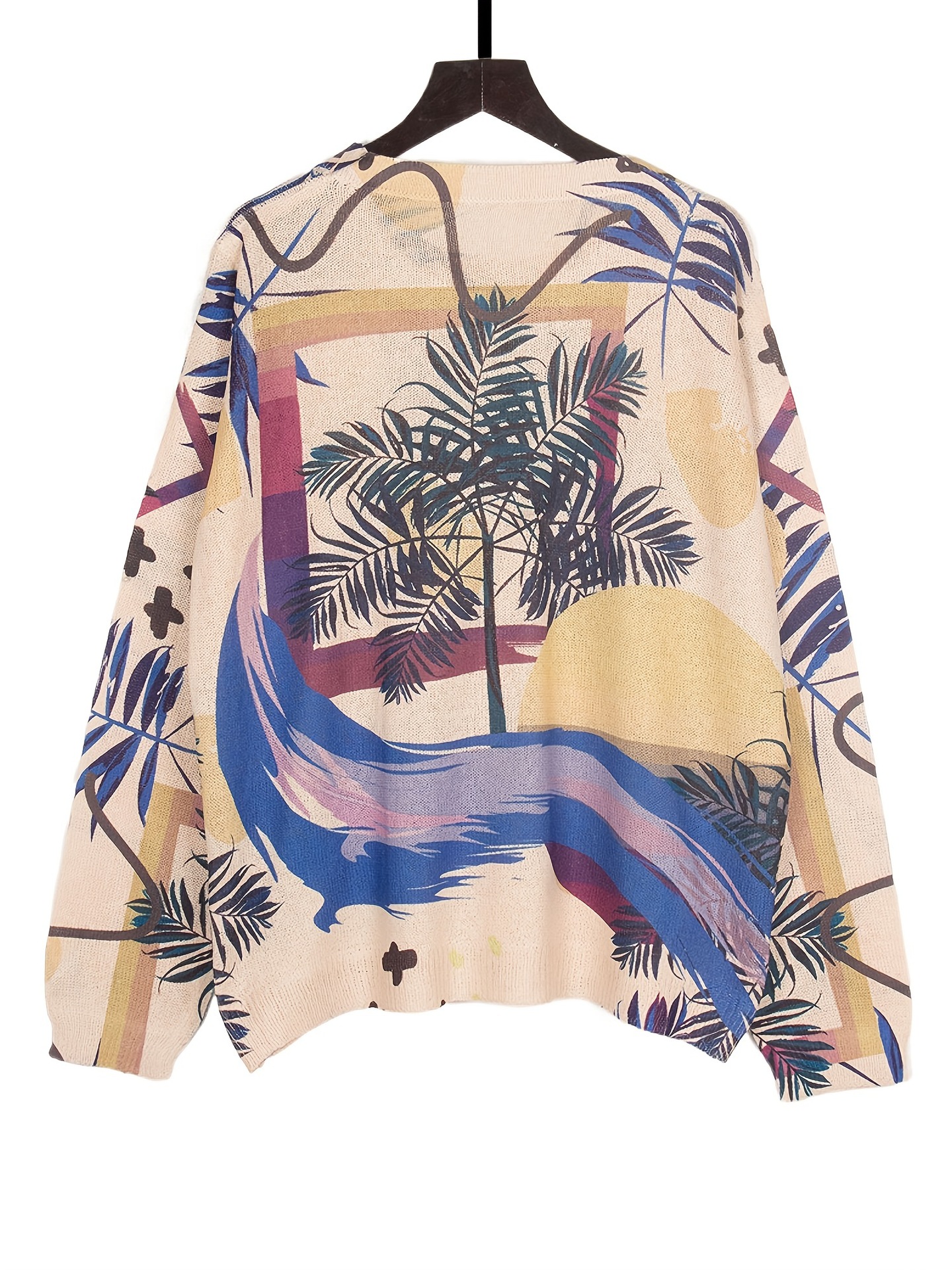 Palace Oil Painting Print Knit Pullover Sweater Long Sleeve Crew Neck Color Block Women's