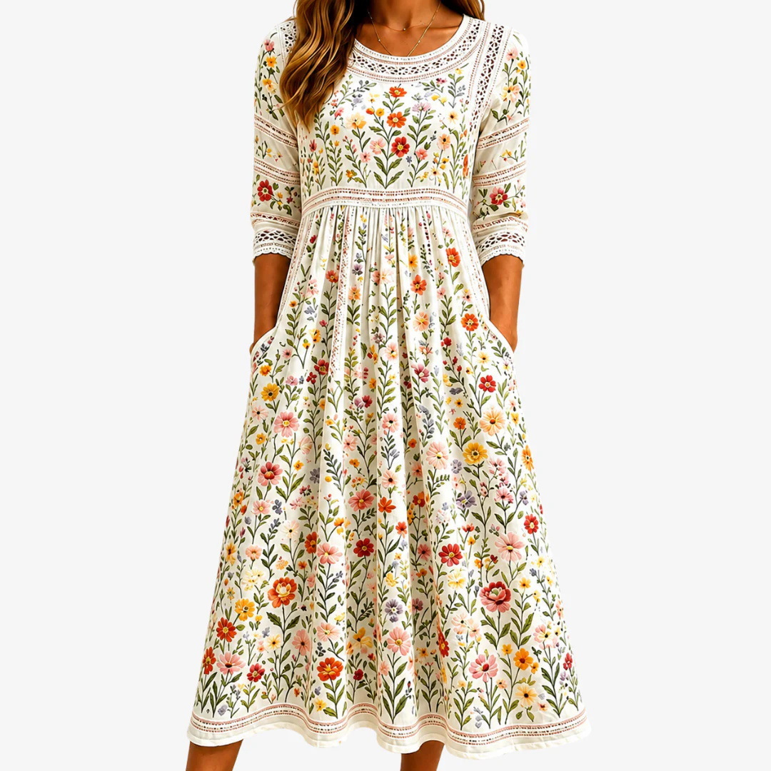 Women's Summer Printed Patchwork French Style Dress Casual A-Line Midi