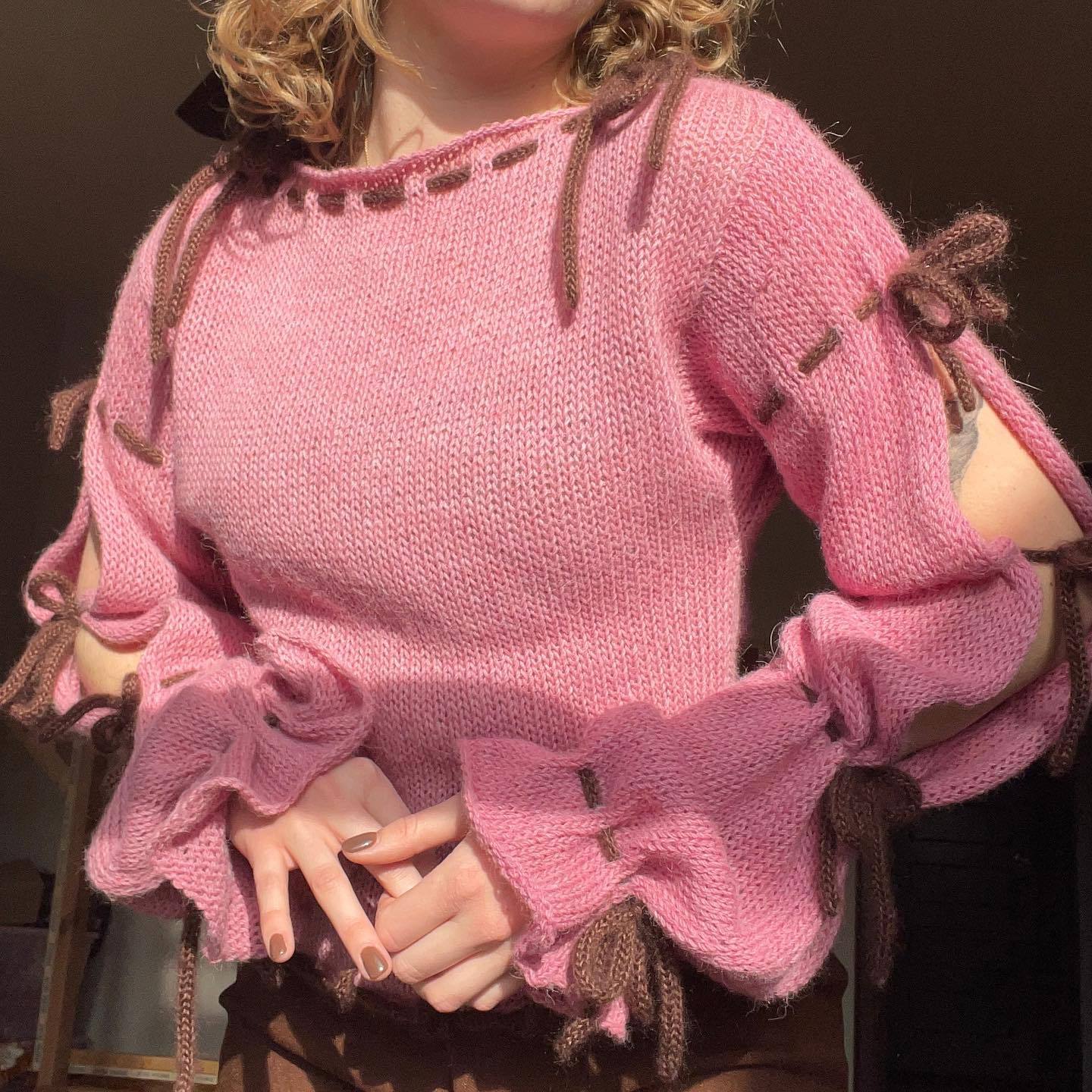 Colorblock Lace-Up Sweater with Bell Sleeves