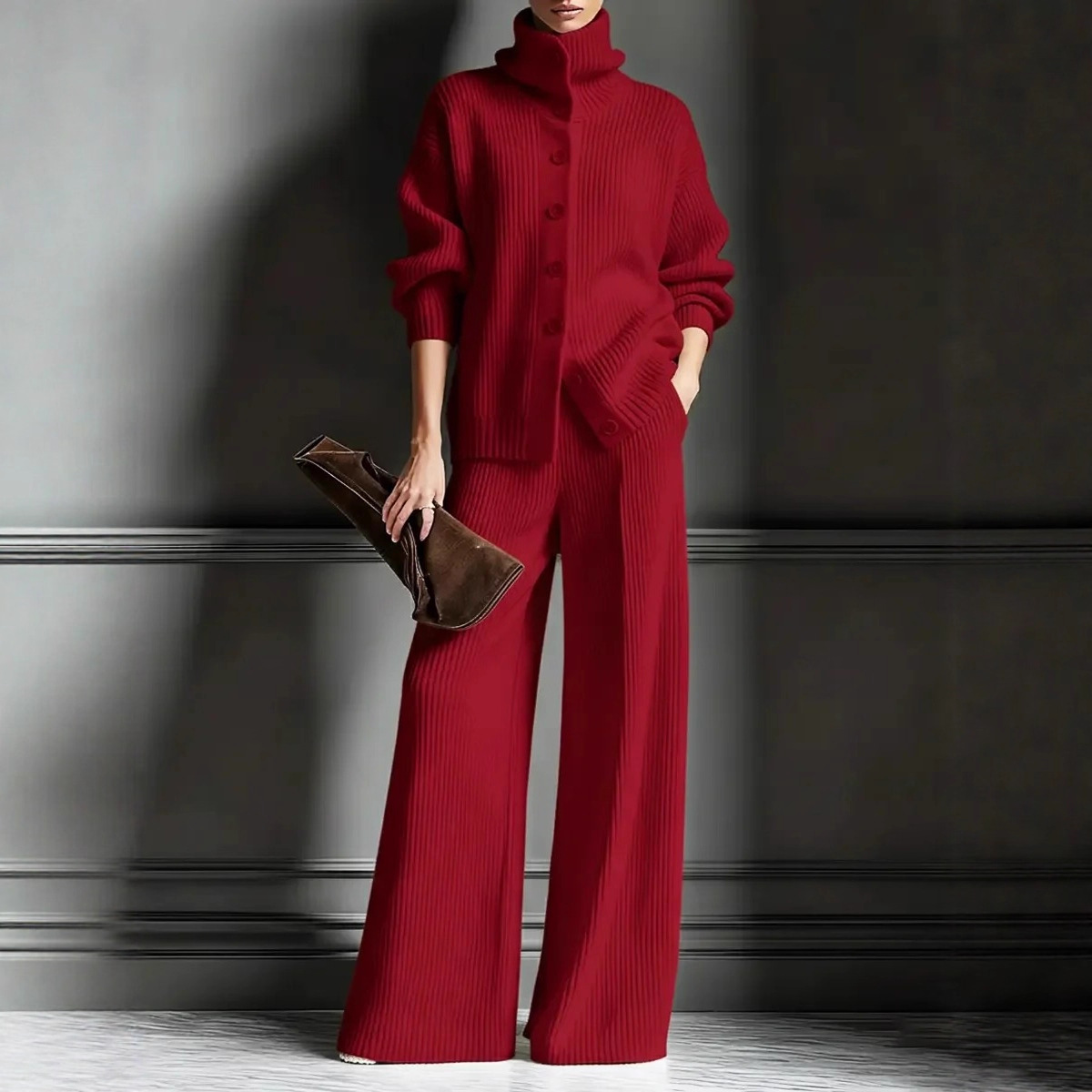 Women's Thickened High Neck Wide Leg Pants Set Casual Two-Piece