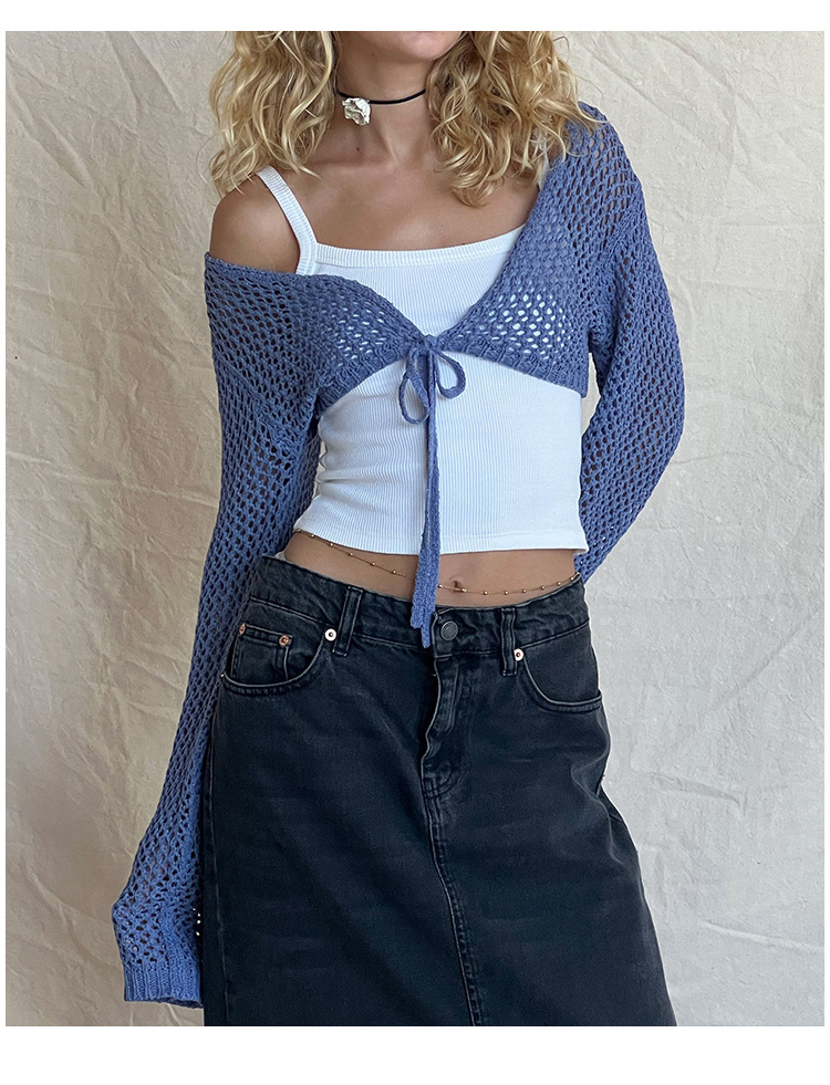 Sexy Open-Knit Cropped Cardigan with Tie Front, Long Sleeve, Solid Color