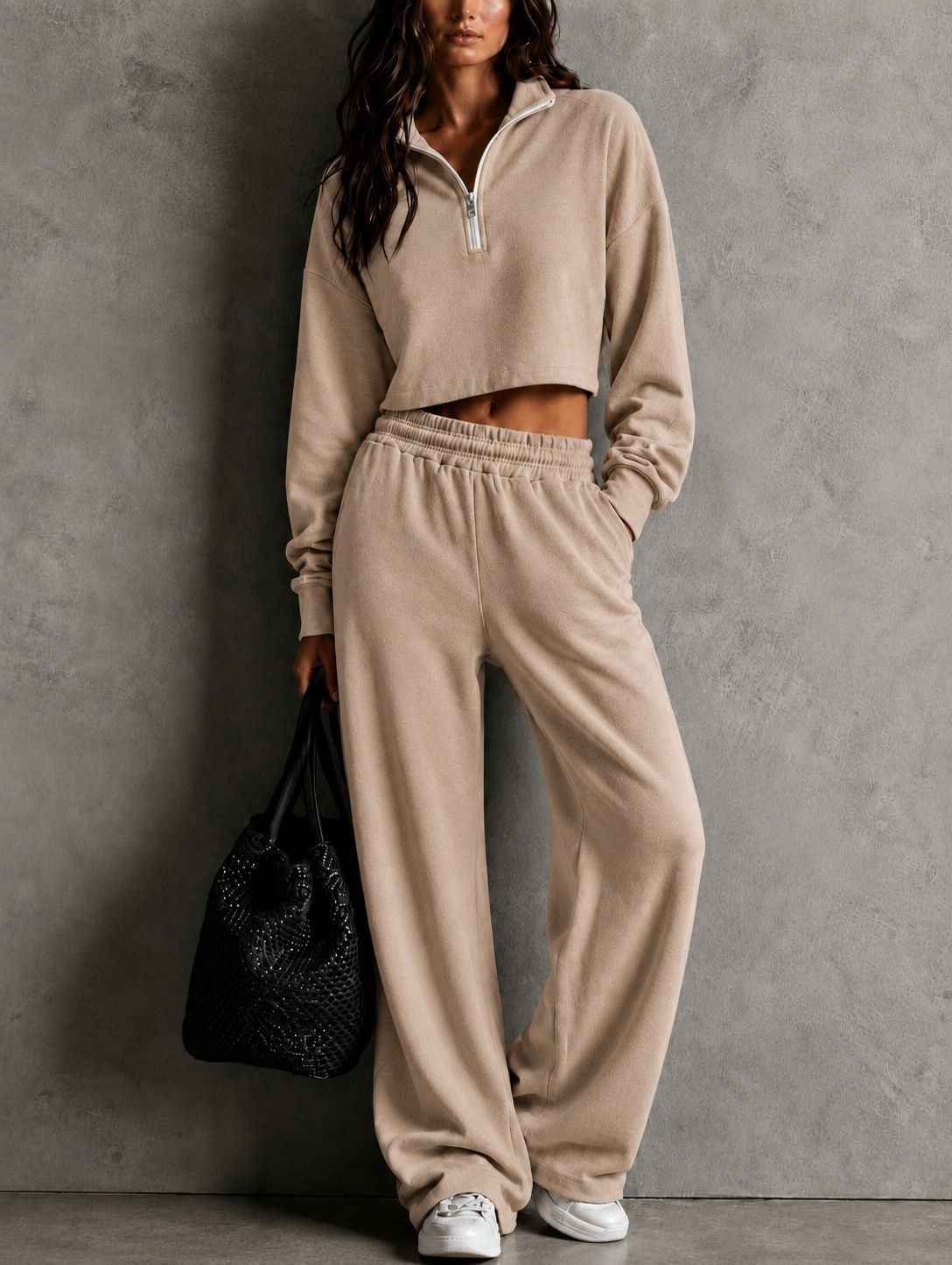 2026 Women's Fall/Winter New Half-Zip Loose Top Wide-Leg Pants Set Casual Sporty Two-Piece