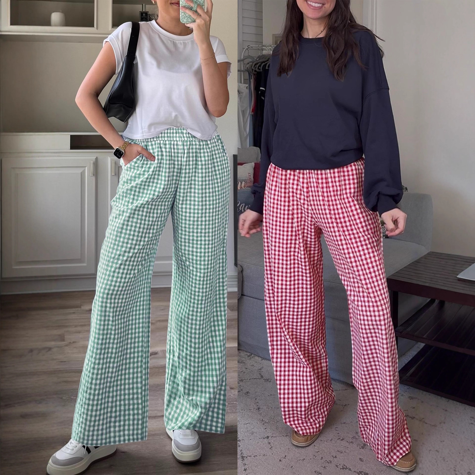 Plaid Wide-Leg High-Waist Pants with Pockets