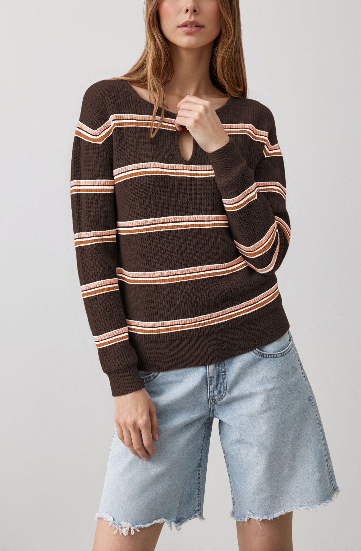 Women's Striped Crewneck Knit Sweater Slim Fit Long Sleeve Pullover