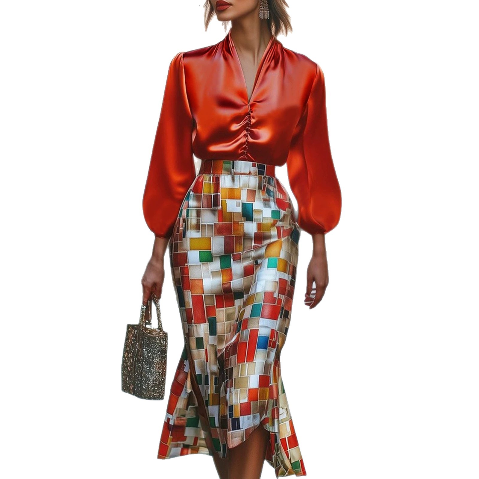 Geometric Print Slim Fit Long Sleeve Top and Pants Set