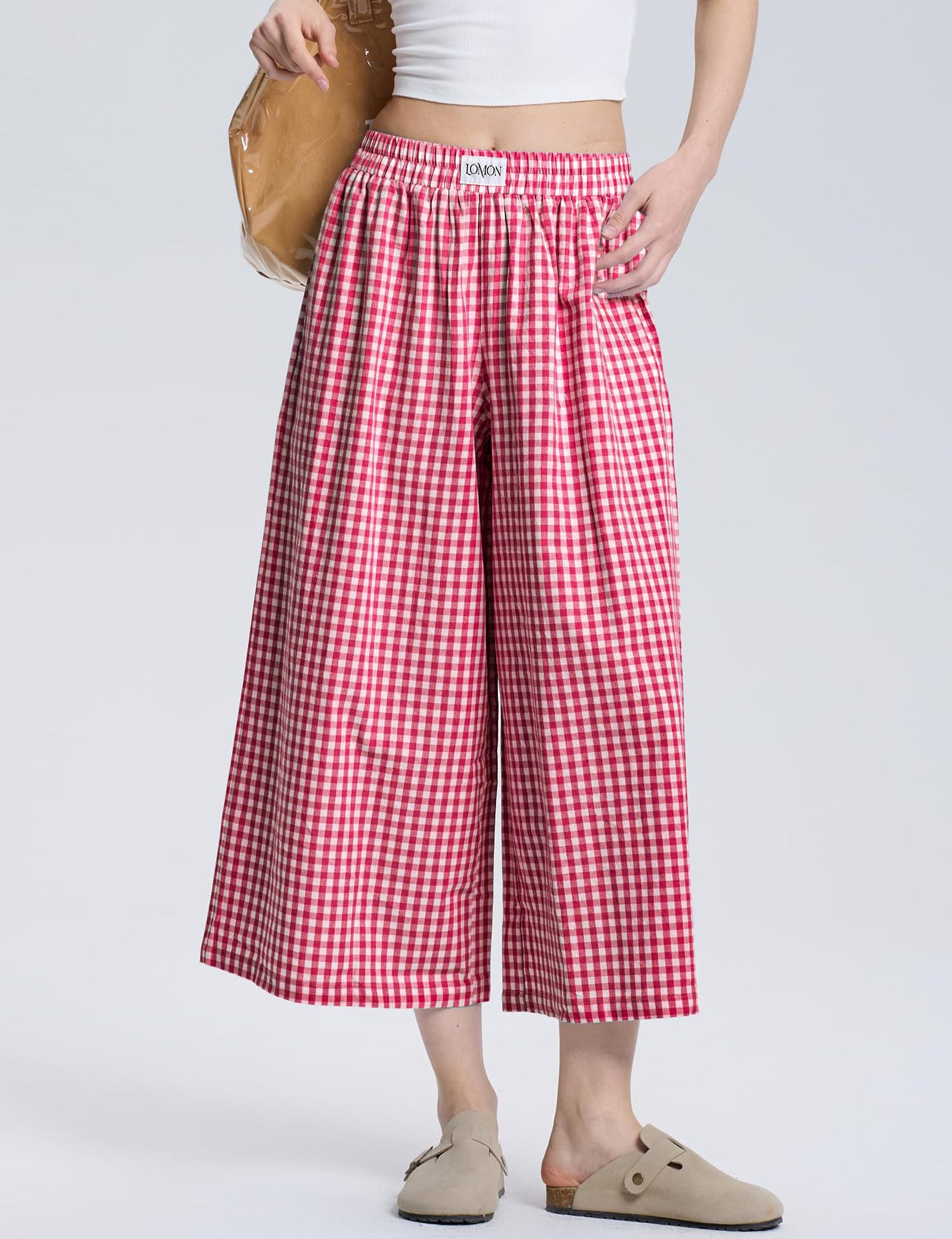Women's Plaid Linen-Blend Wide-Leg Pants Loose Casual