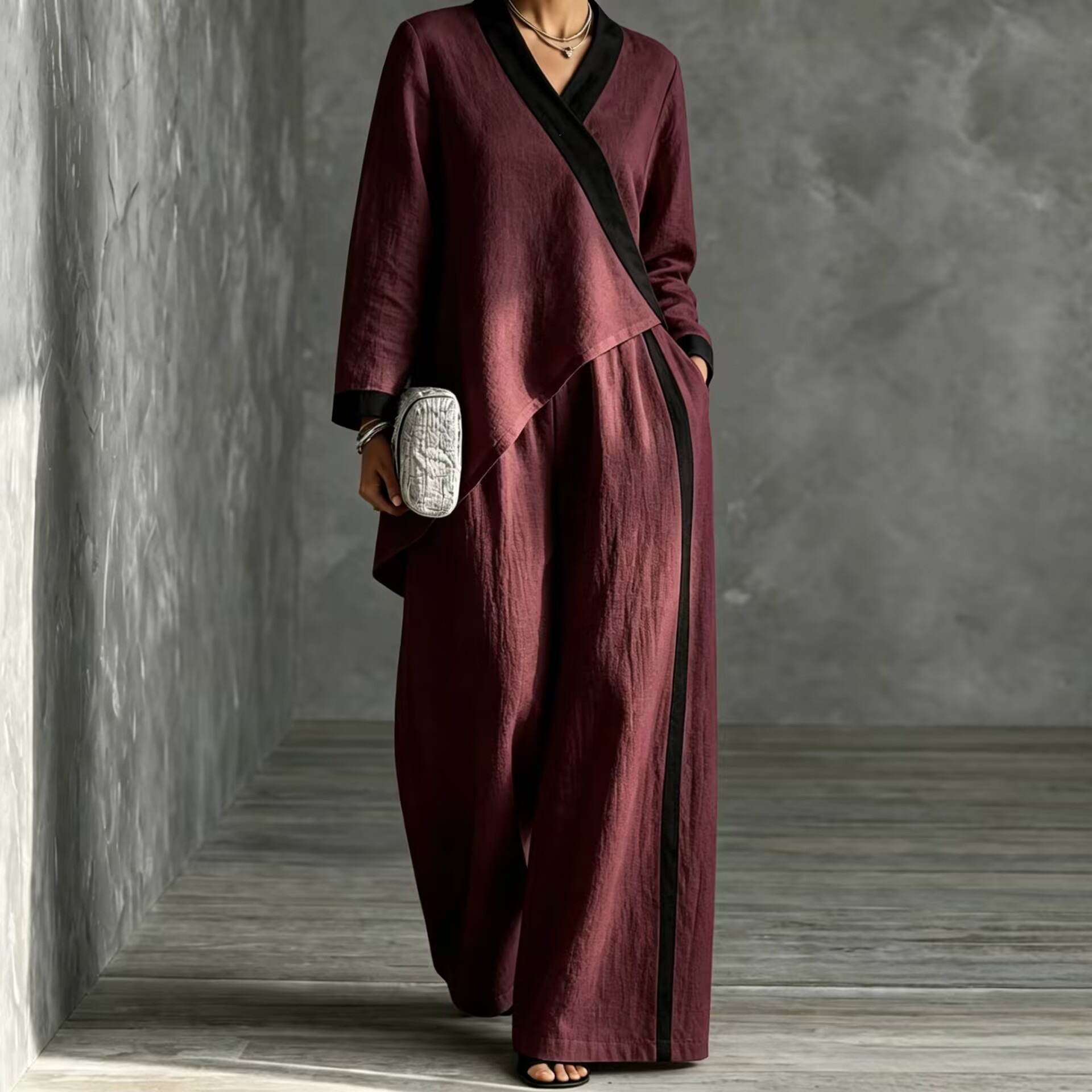 2026 Fall Cross-Border European and American Women's Fashion Color-Block V-Neck Asymmetrical Top Wide-Leg Pants Loose Casual Set