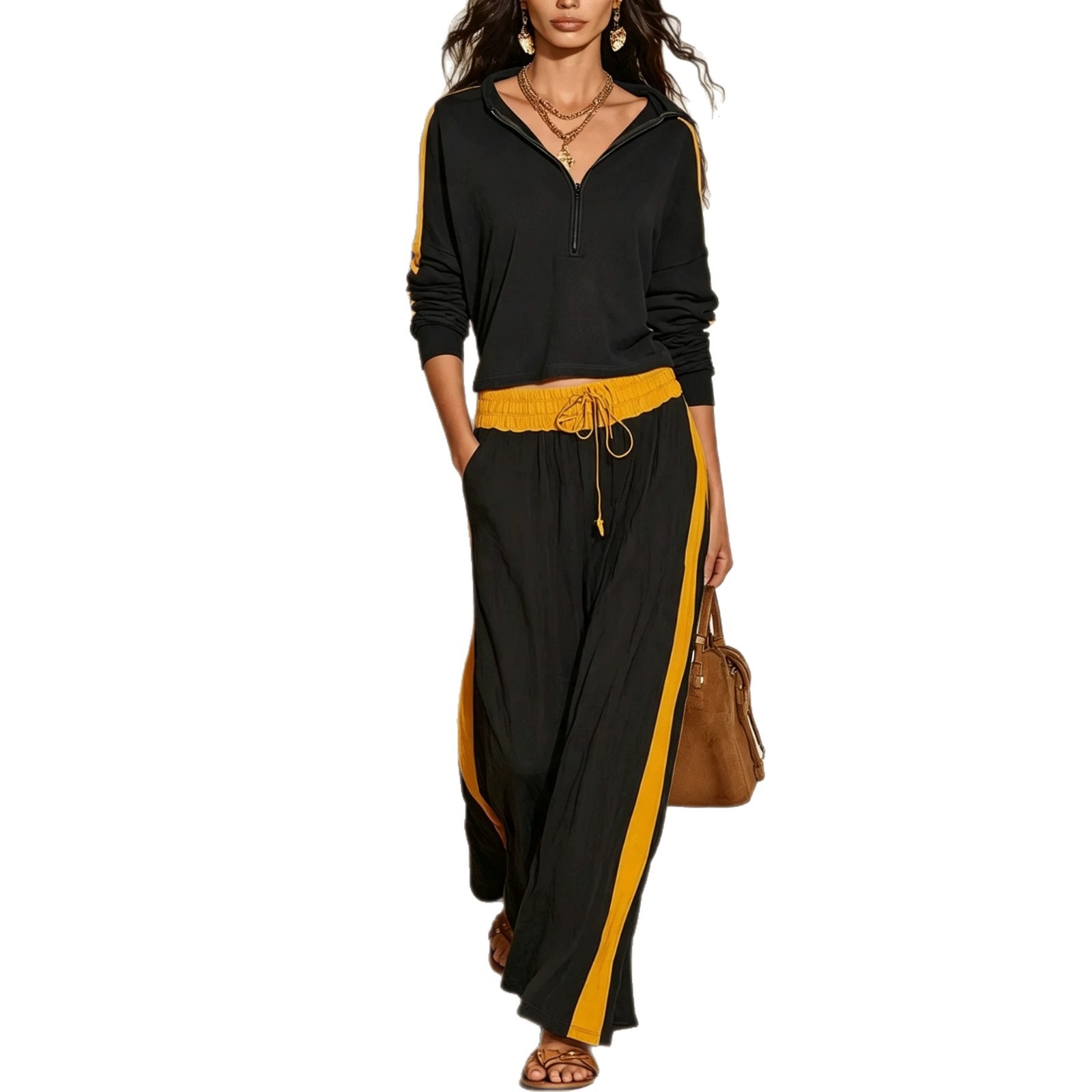 Color-Block Half-Zip Top & High-Waist Wide-Leg Pants Two-Piece Set