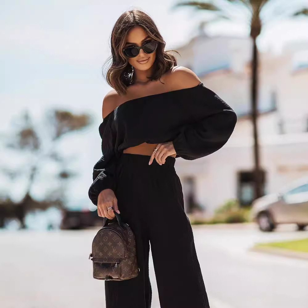 Off-Shoulder Short-Sleeve Top and Straight-Leg Pants Set Solid Color Commuter Two-Piece