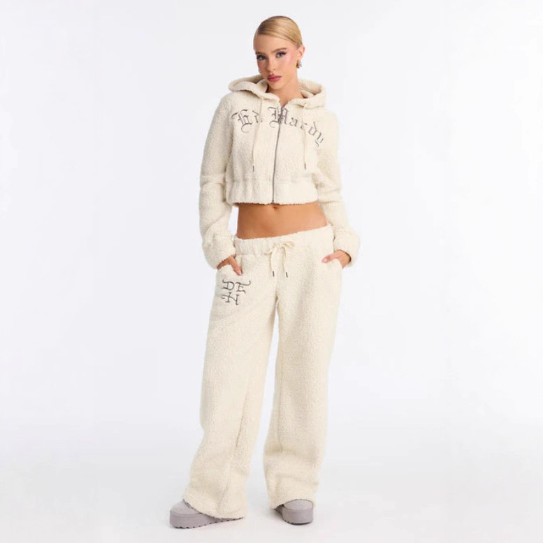 Women's Fleece Hooded Zip-Up Embroidered Tracksuit Set