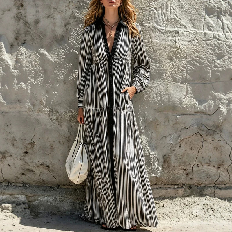 Black and White Striped Long Sleeve Dress