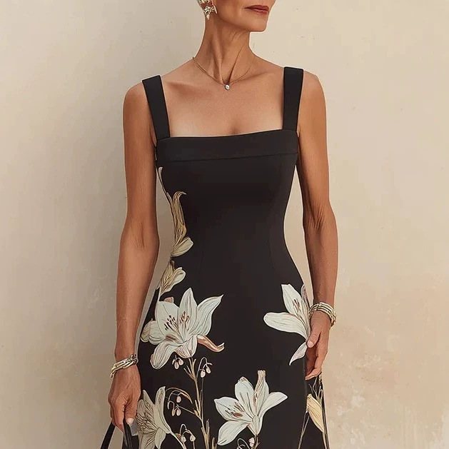 Black Lily Print Square Neck Cami Dress High Waist Midi A-Line