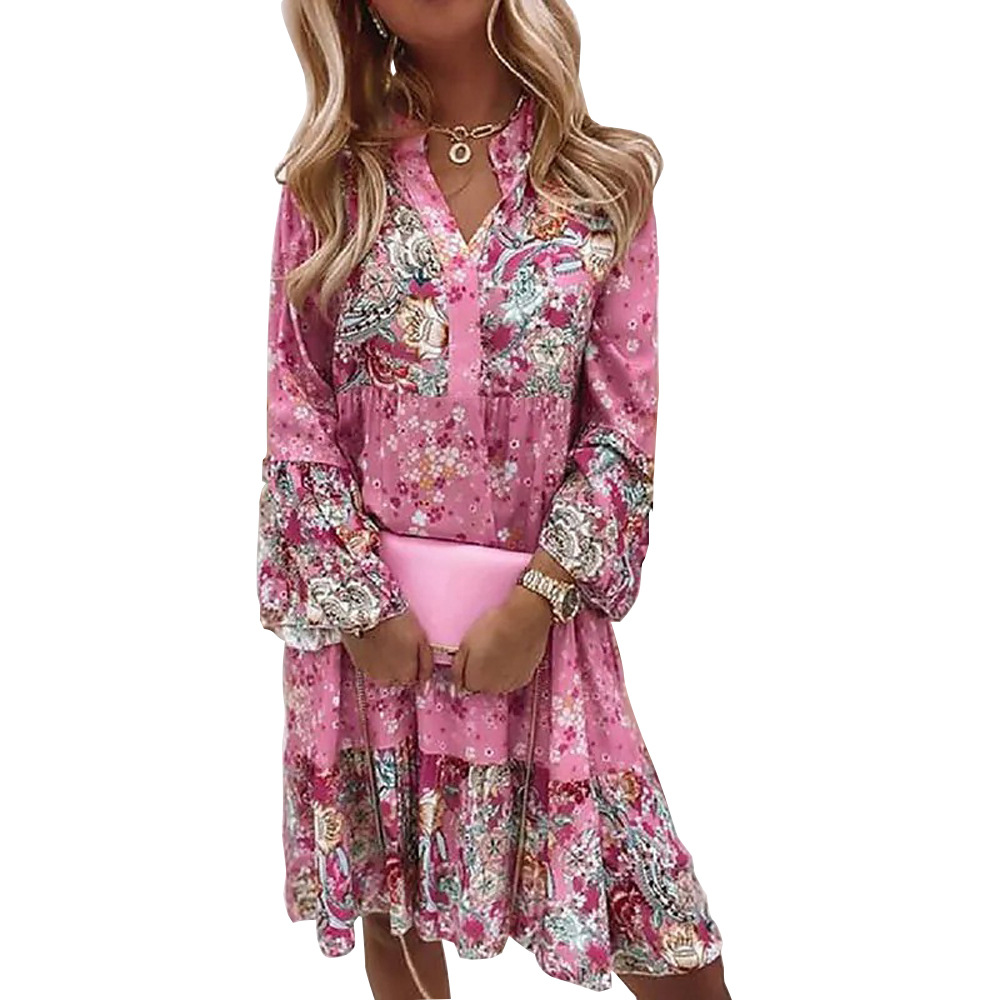 Women's V-Neck Long Sleeve Floral Print Maxi Dress Plus Size