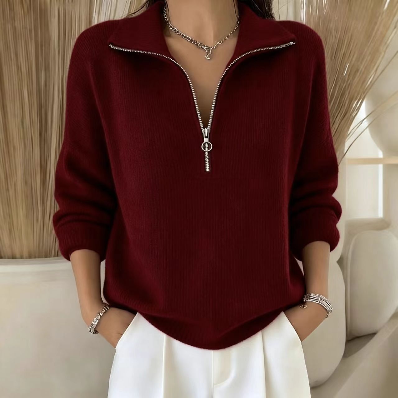 Loose Fit Long Sleeve Half-Zip Solid Knit Sweater