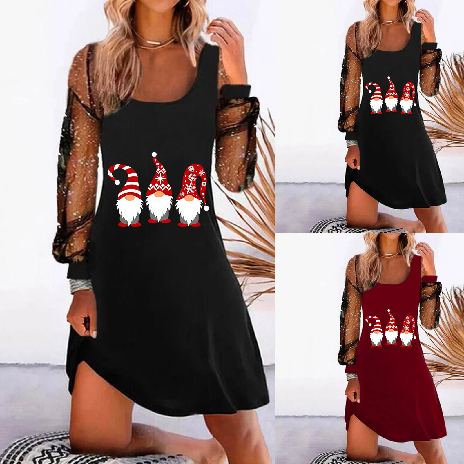 Christmas Print Mesh Panel Dress Women's Long Sleeve A-Line Midi