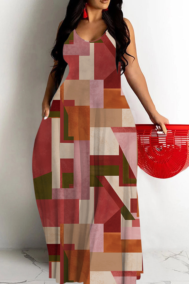 Women's Printed Deep V-Neck Sleeveless Maxi Dress
