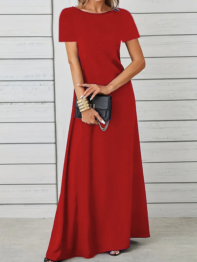 Women's Slim Fit Soft Crew Neck Solid Short Sleeve A-Line Dress