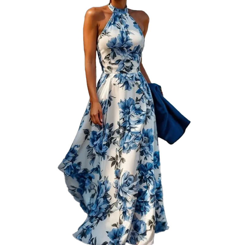 Elegant Halter Neck Sleeveless Floral Print Dress with Waist