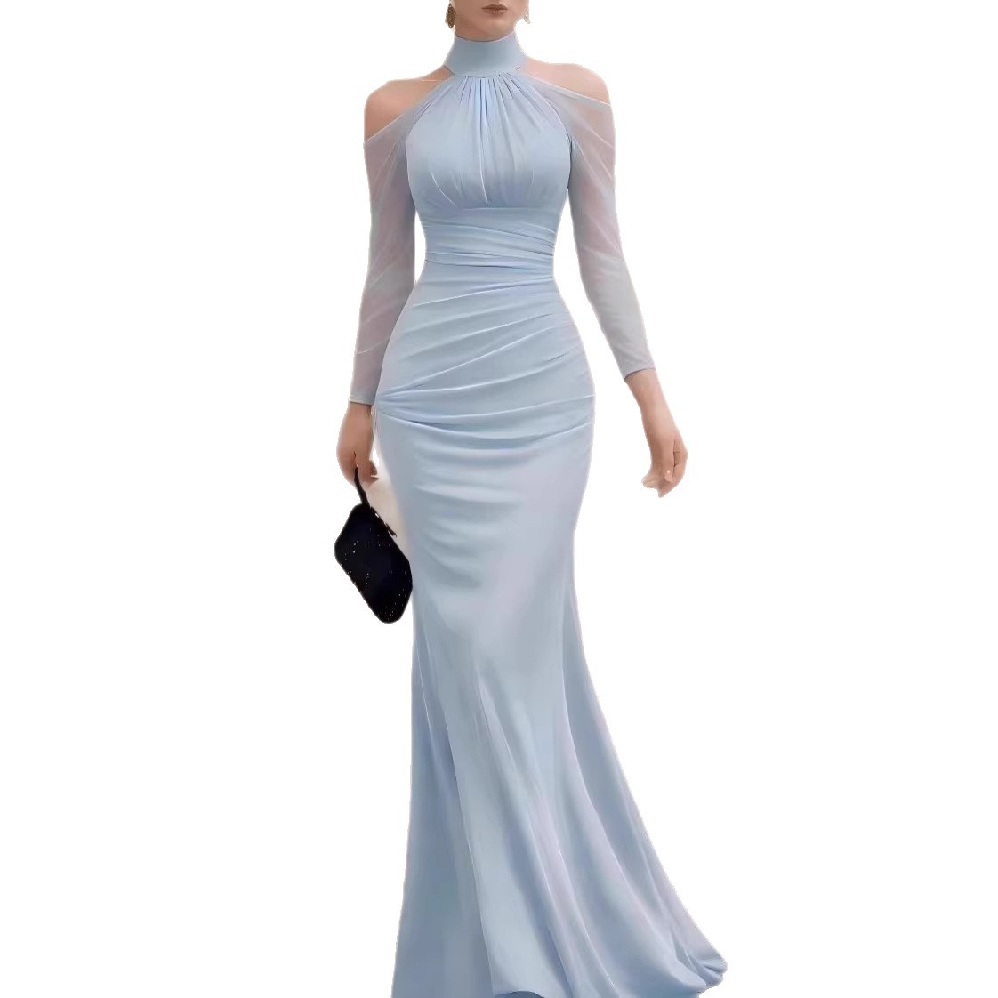 Women's Halter Neck Sheer Long Sleeve Mermaid Evening Gown