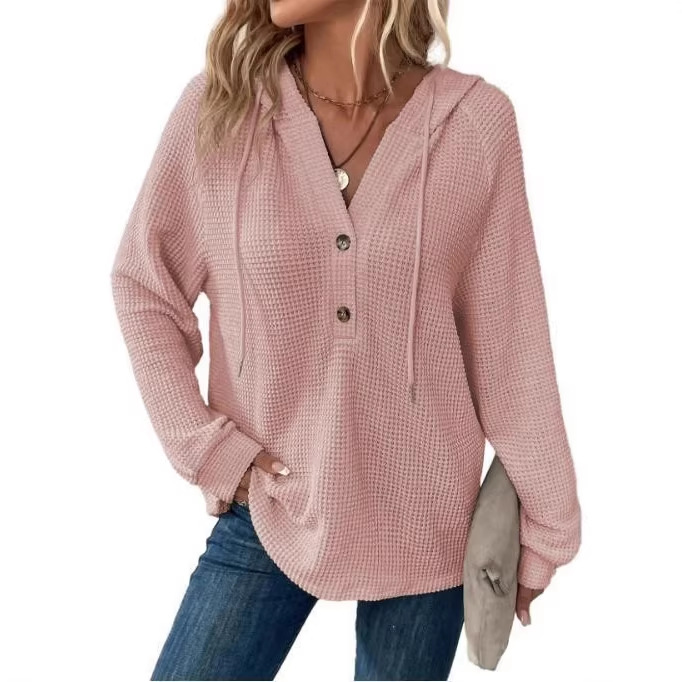 Women's Waffle Knit Drawstring Button V-Neck Hooded Sweatshirt