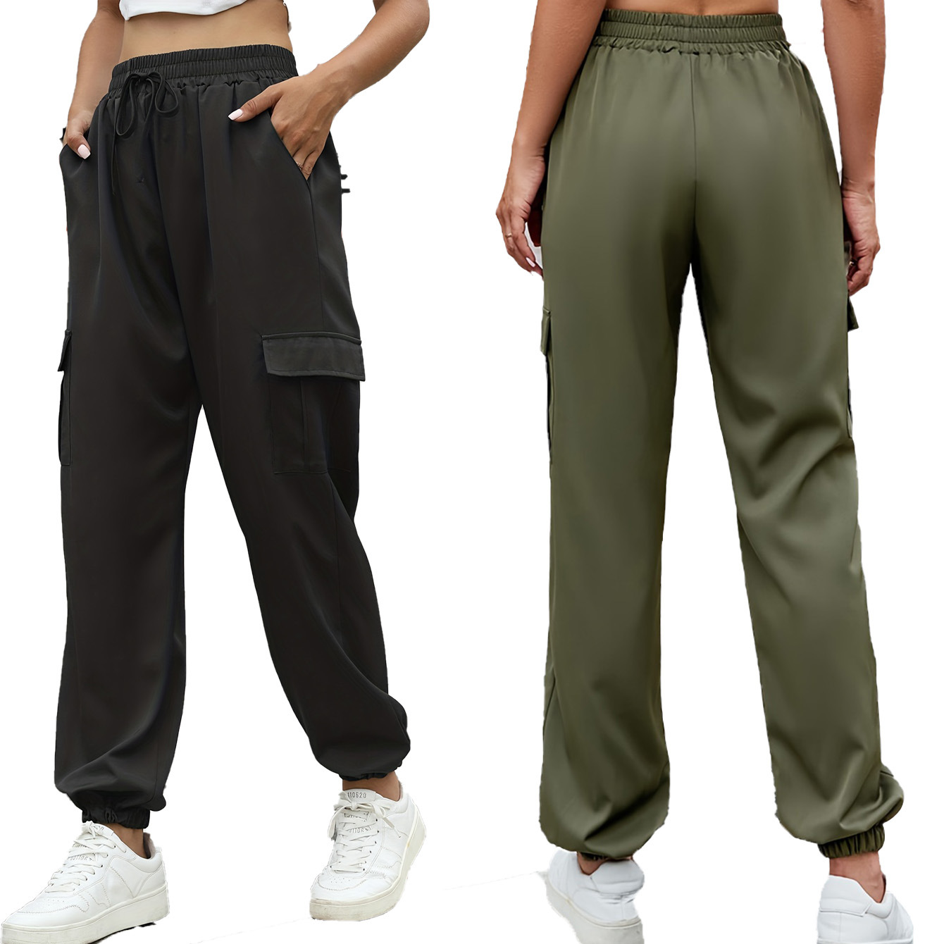 Lace-Up Loose Cargo Pants with Flap Pockets and Cuffed Ankles