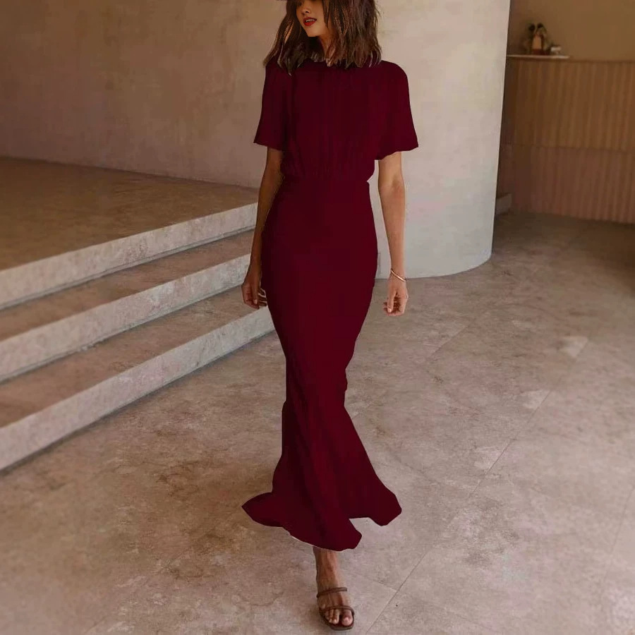 French Round Neck Slim Fit Mermaid Dress with 3/4 Sleeves